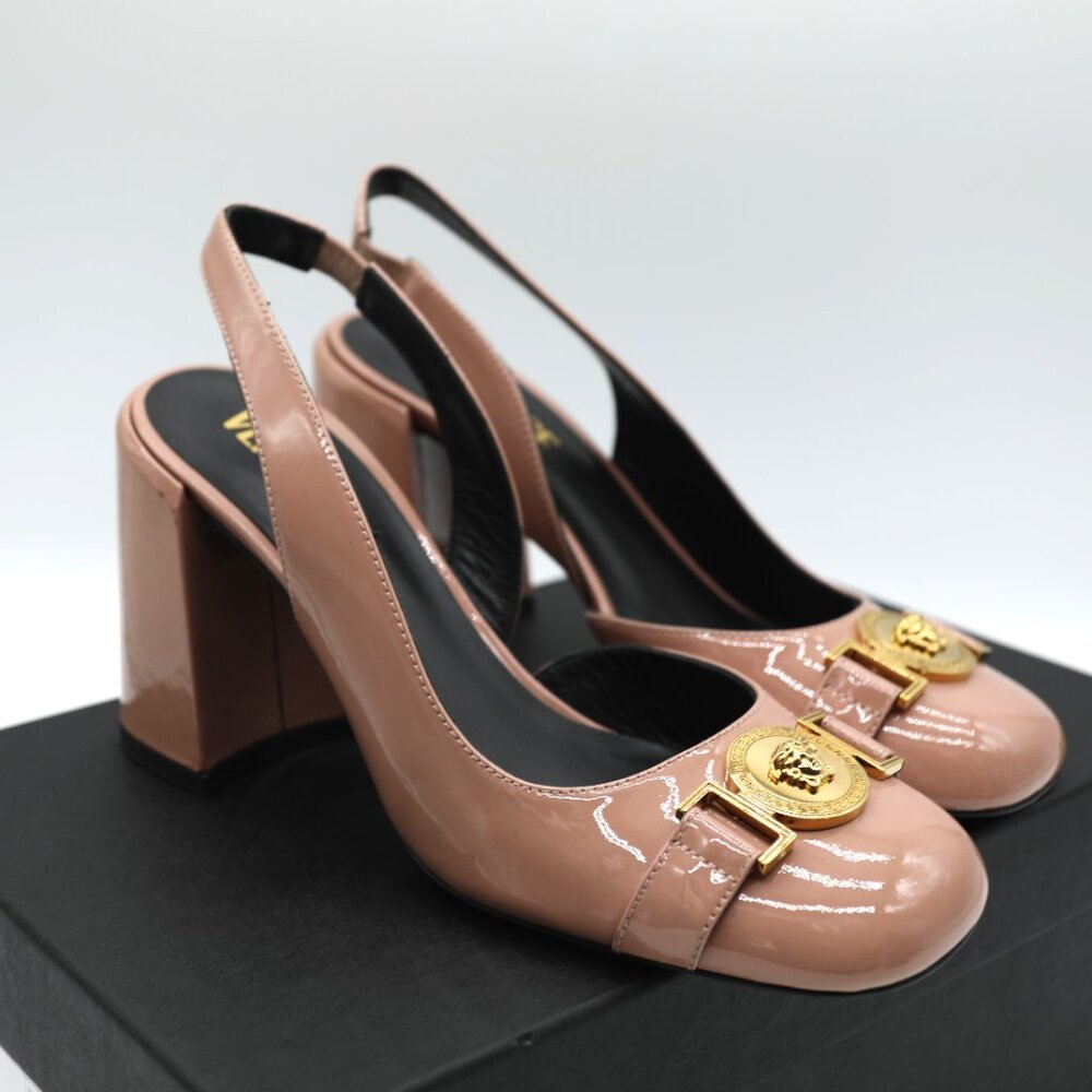 Versace Medusa Nude Patent Leather Slingback Heels Size 6.5 EU 37 w/ Box